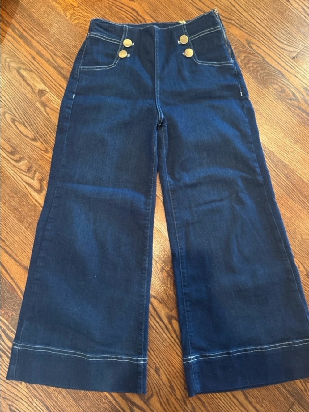 Anthropologie Maeve Sailor Dark Blue High-Rise Wide-Leg Jeans with Button Detail